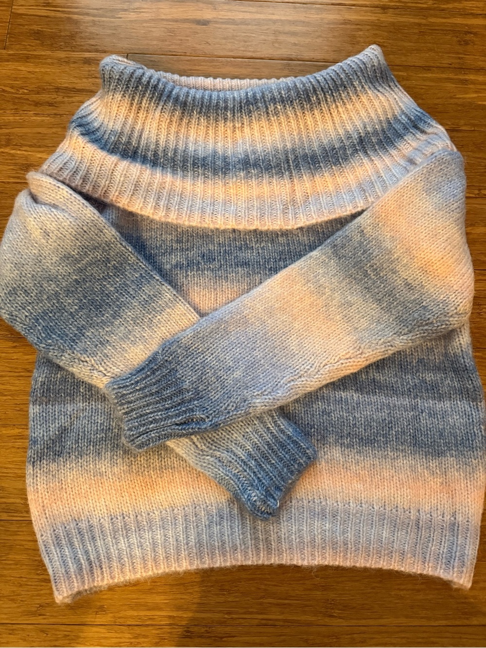 Striped Cozy Turtleneck Off-shoulder Sweater in Blue & Cream